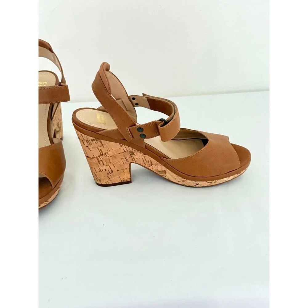 Johnston & Murphy Wedge Sandals Sz 7 Tan Leather Cork Platform Peep Toe Boho